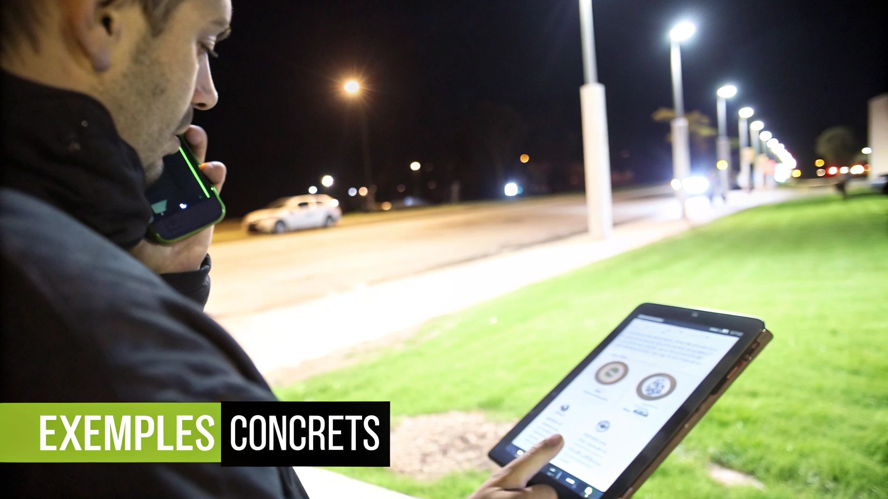 Un homme au téléphone et avec une tablette la nuit, sur un fond de rue éclairée, avec le texte "EXEMPLES CONCRETS".