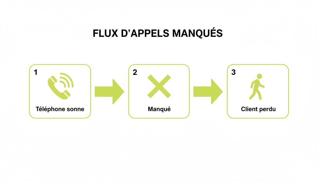 Diagramme illustrant le flux d'appels manqués : un appel non répondu mène à un client perdu.