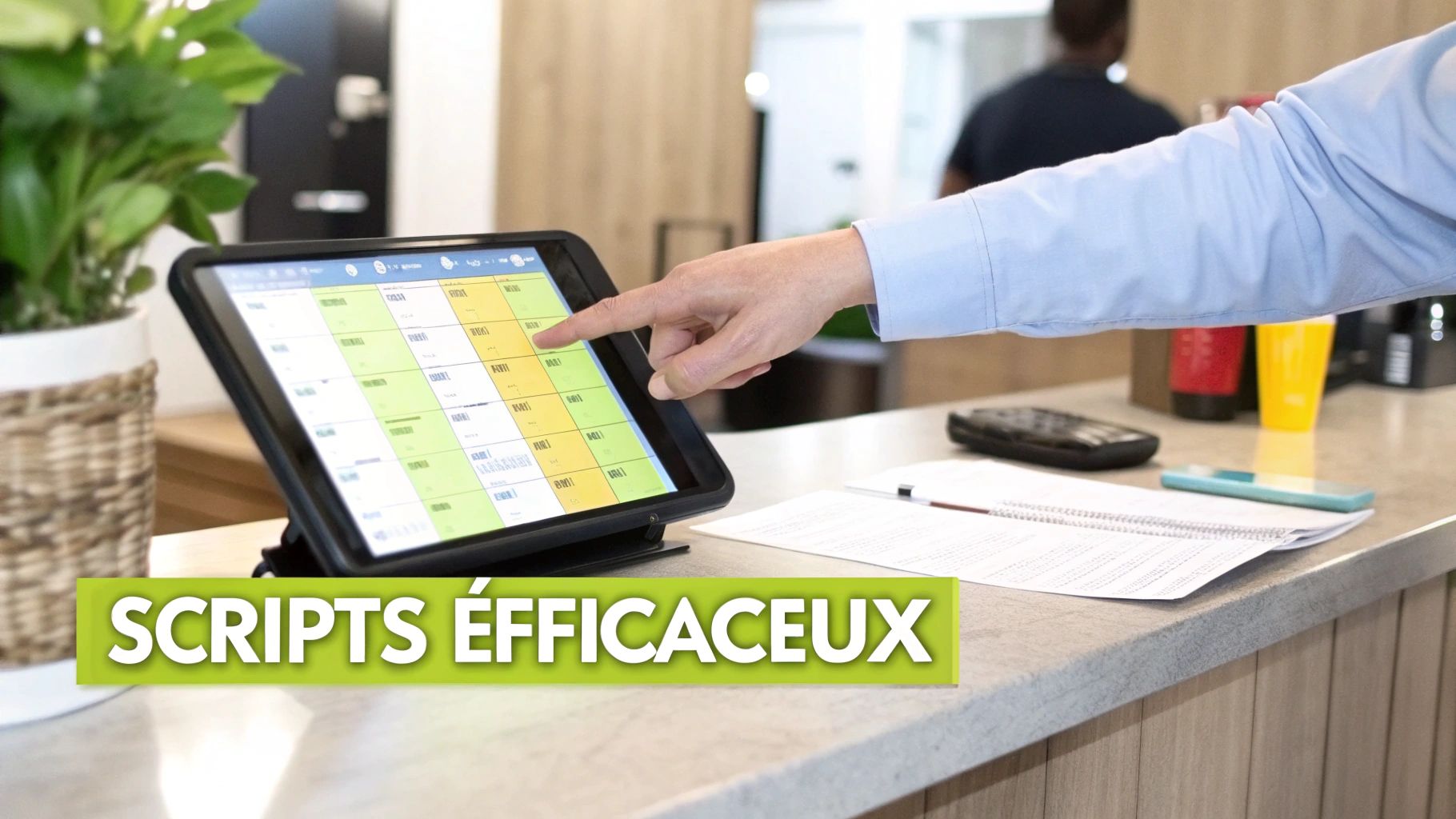 Une main pointe sur une tablette affichant un calendrier coloré, sur un comptoir de bureau. Le texte "SCRIPTS EFFICACEUX" est en surimpression.