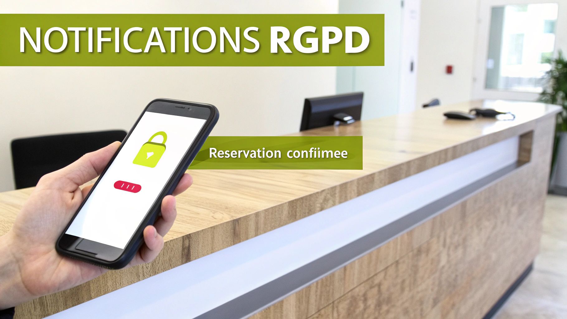 Main tenant un smartphone avec un cadenas vert, affichant "NOTIFICATIONS RGPD" et "Reservation confirmée" à un comptoir d'accueil.