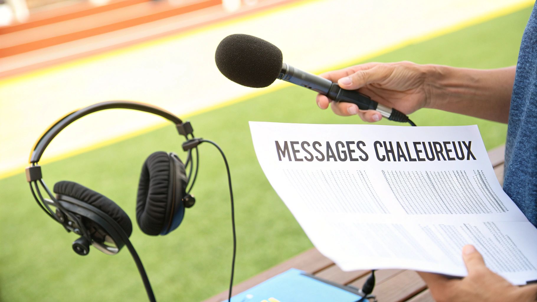 Une personne tient un micro et lit un document intitulé « MESSAGES CHALEUREUX », avec des écouteurs posés à côté, suggérant une diffusion.