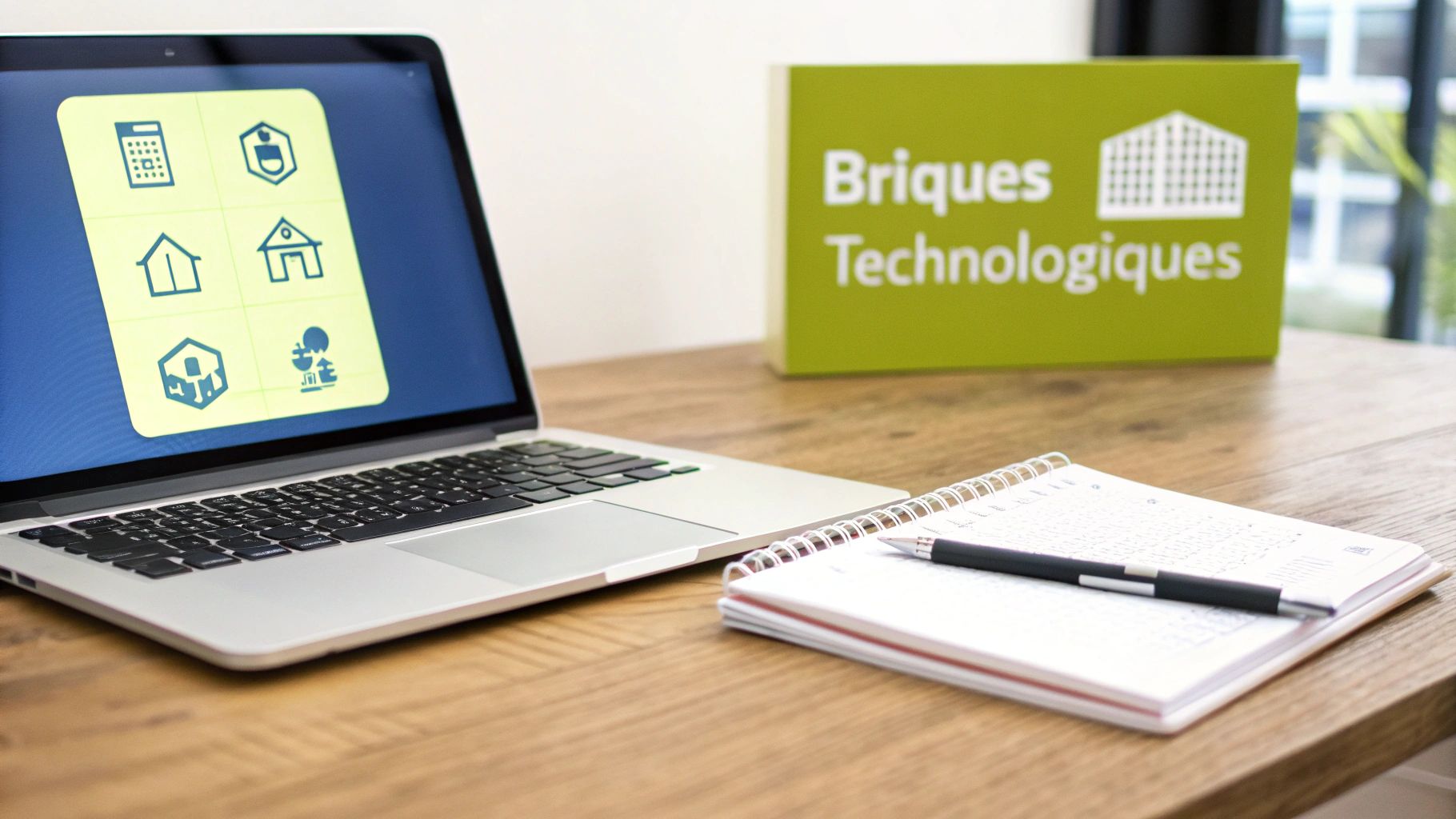 Un ordinateur portable affichant des icônes immobilières et une pancarte « Briques Technologiques » sur un bureau en bois.
