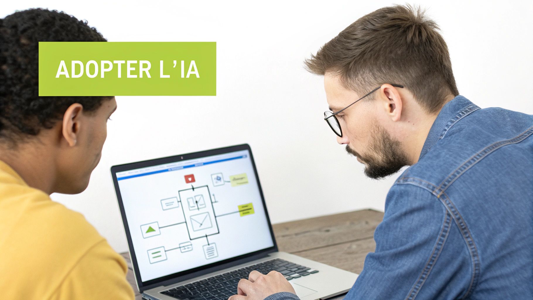 Deux hommes regardent un ordinateur portable affichant un diagramme et le texte "ADOPTER L'IA".