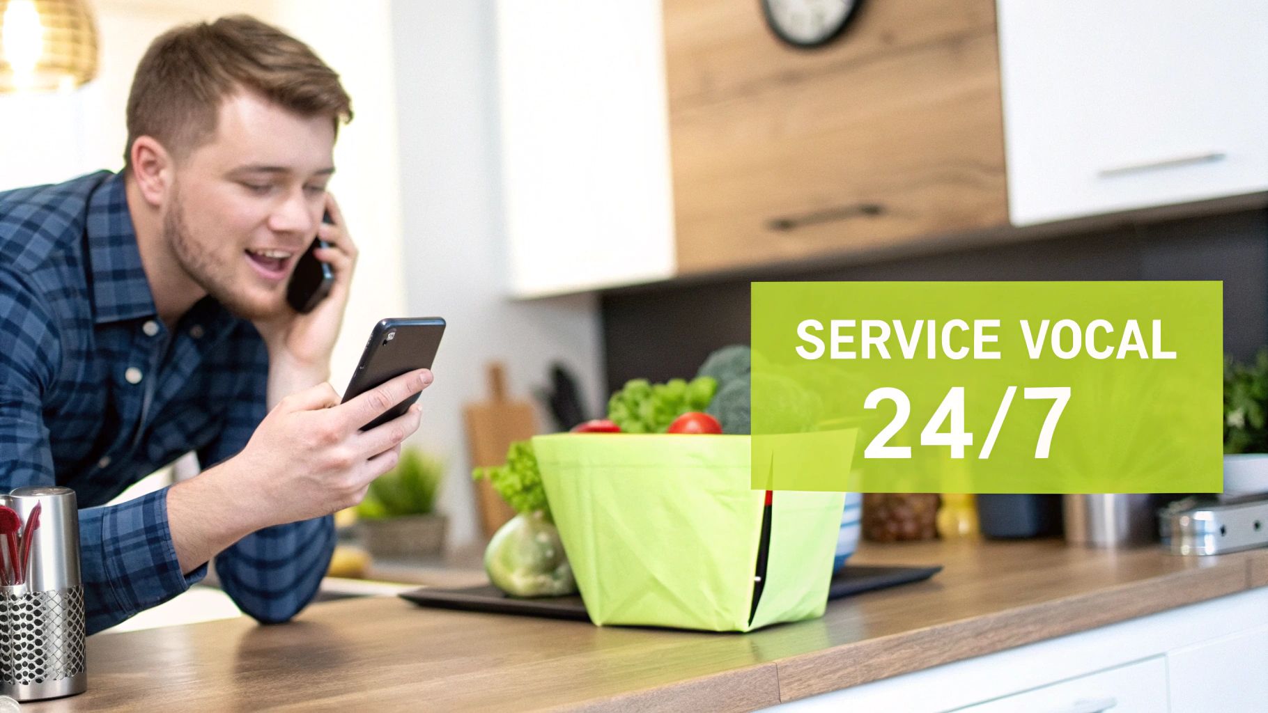 Un jeune homme souriant en cuisine utilise deux téléphones. Un panneau vert indique 'SERVICE VOCAL 24/7'.