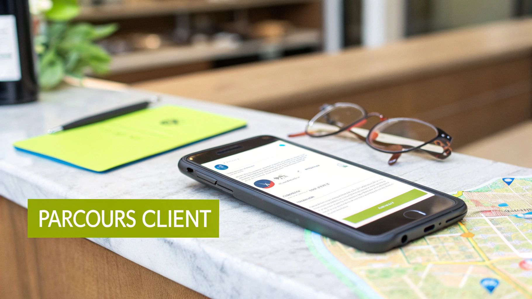 Un smartphone sur un comptoir en marbre avec des lunettes, un carnet, un stylo et une carte. Texte: PARCOURS CLIENT.