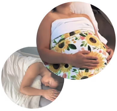 Two round images of two pregnant mothers laying down after a maternity massage