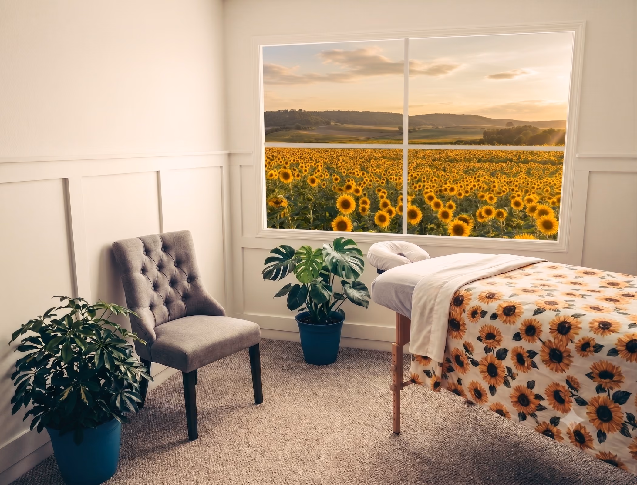 Massage room with sunflower-patterned table cover, gray chair, two potted plants, and window view of sunflower field.