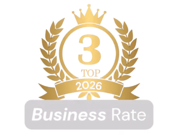 Gold emblem with crown, laurel branches, and ribbon reading 'Top 3 2026 Business Rate'.