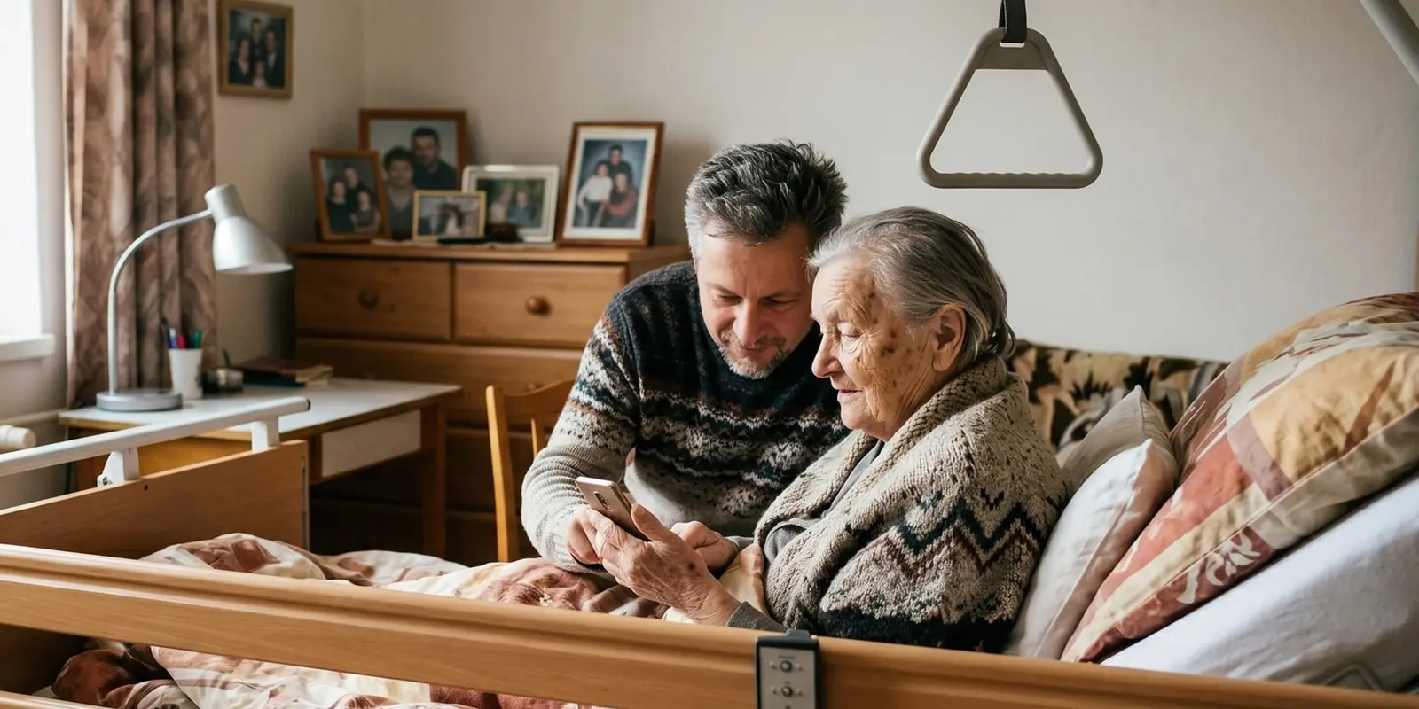 Muž ukazuje seniorce na polohovací posteli telefon