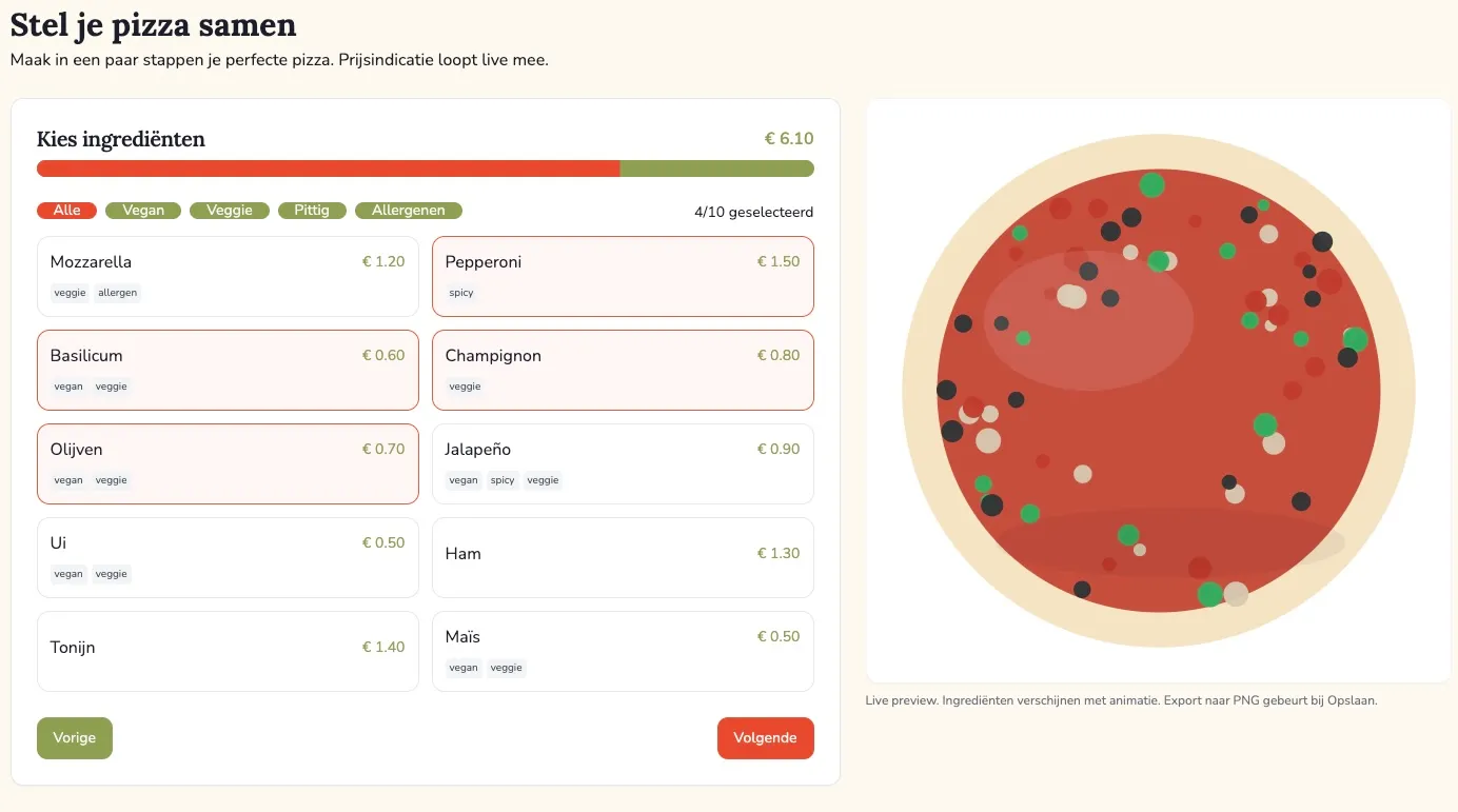 Loveable - case study 1 - pizza website met functionaliteit build your own