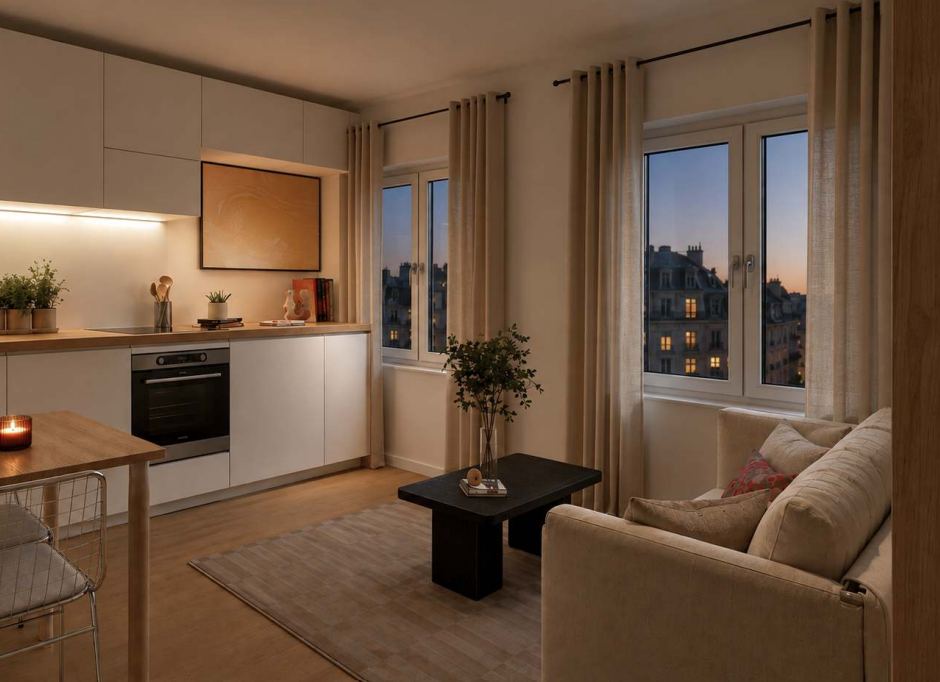 Perspective intérieure d’un logement créé à Lyon 7e (perspective non contractuelle)