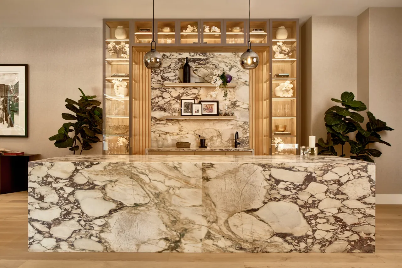 Veined bar front and illuminated shelves at Chalon Road.