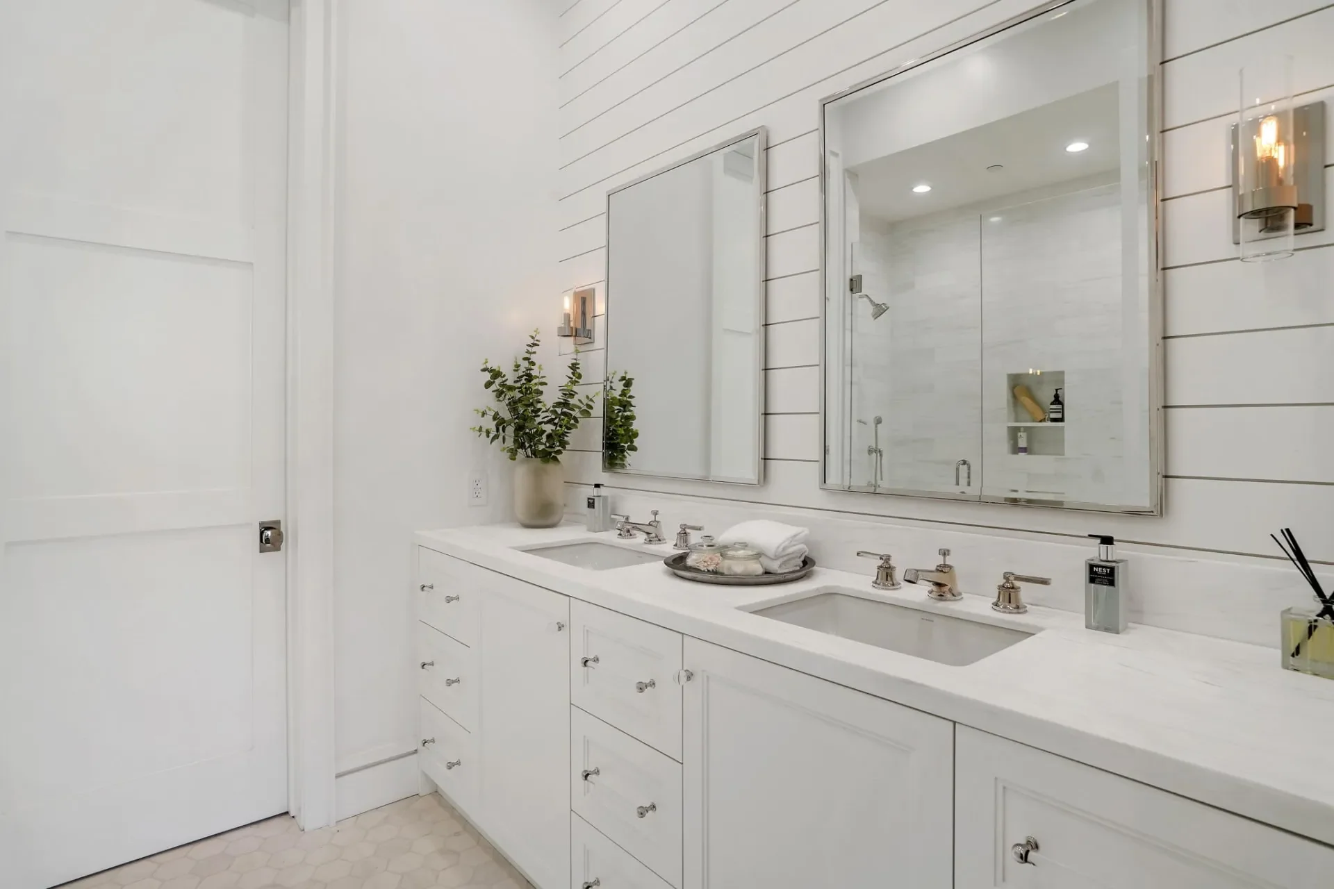 Wide bathroom vanity at South Bundy Drive.