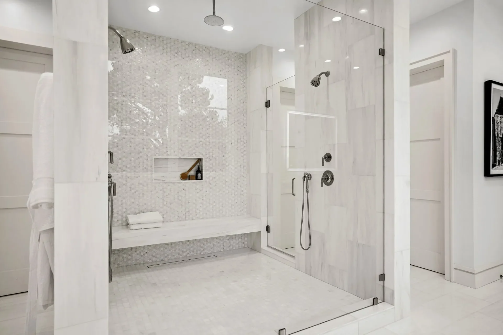 Shower enclosure with stone wall at South Bundy Drive.