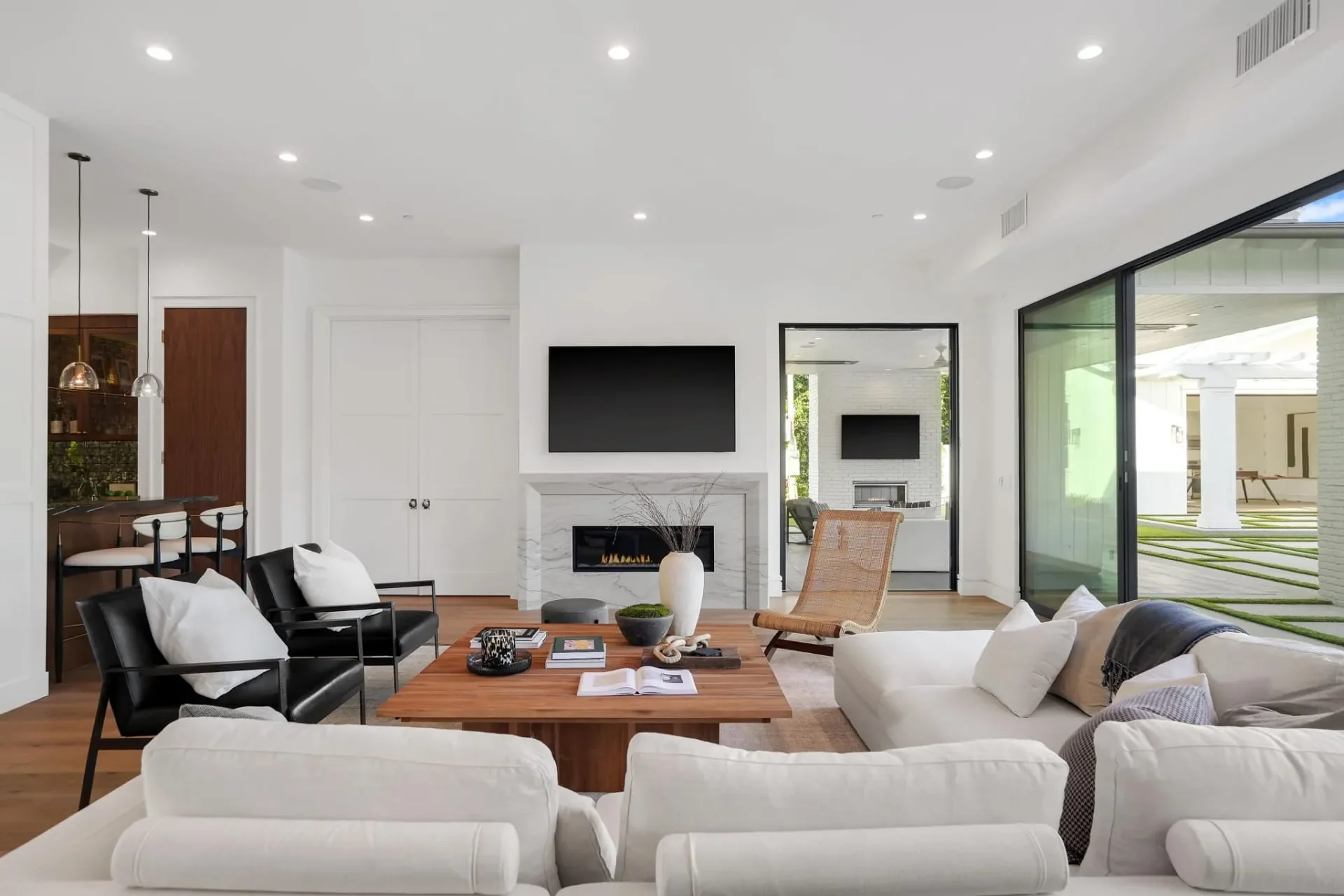 Living room with fireplace at South Bundy Drive.