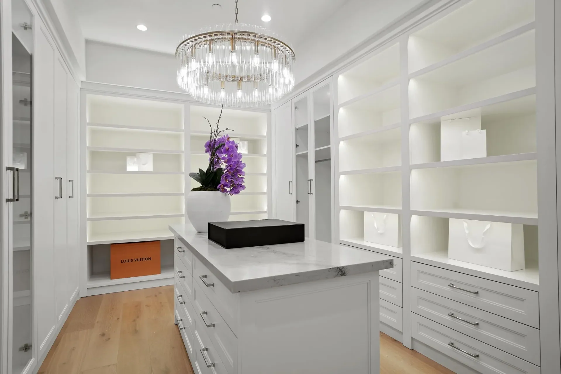 Dressing room with storage island at South Bundy Drive.