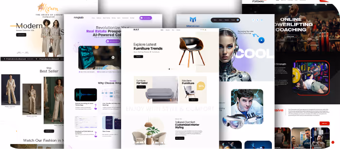 Collage of website homepage designs featuring fashion, AI-powered real estate, modern furniture, futuristic technology, and online powerlifting coaching.