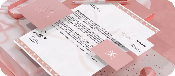 Branded stationery set with pink accents including letterhead, business card, envelope, and pen on a pink surface.