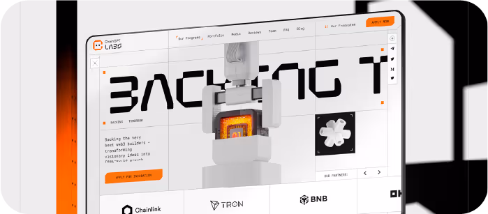 Website homepage of ChainGPT Lab featuring a 3D robotic arm holding a glowing orange microchip with navigation menu and partner logos.