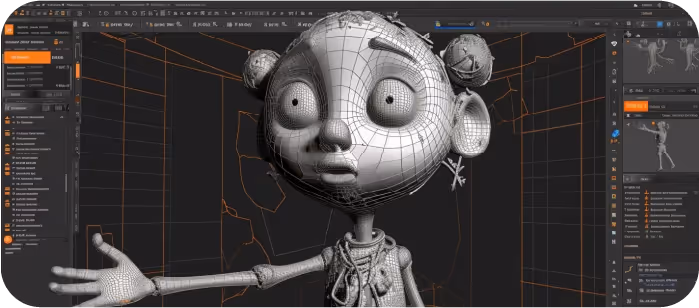 3D modeling software interface showing a wireframe character of a cartoonish girl with wide eyes and arms outstretched.