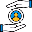 Two open hands protecting an orange user icon inside a blue circle.