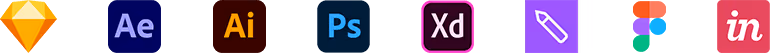 Icons of popular Adobe design software: Adobe After Effects, Illustrator, Photoshop, Adobe XD, and InVision.