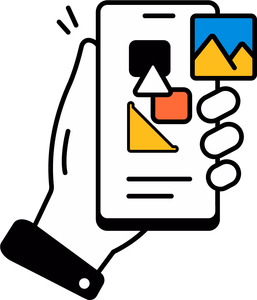 Hand holding a smartphone displaying various colorful geometric shapes and a small photo icon with mountains on its screen.