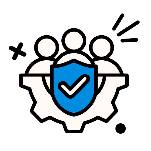 Icon of three people behind a gear with a blue shield and checkmark symbolizing team protection or security.