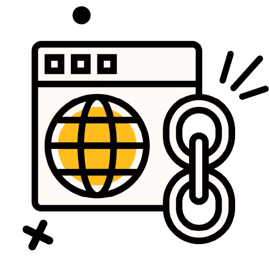 Icon of a web browser window with a globe symbol and a chain link representing a hyperlink.