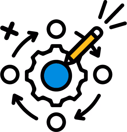 Gear with a magnifying glass and arrows circling around, symbolizing process analysis or workflow optimization.