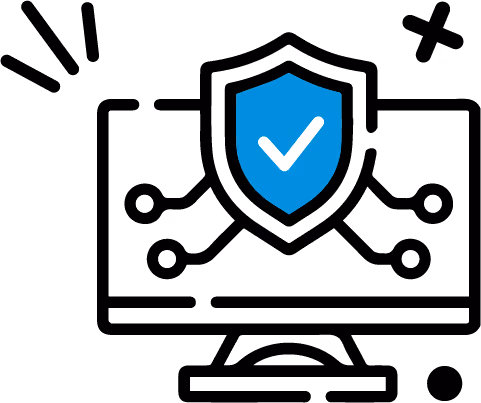 Computer monitor with a blue shield and white checkmark symbolizing cybersecurity protection.
