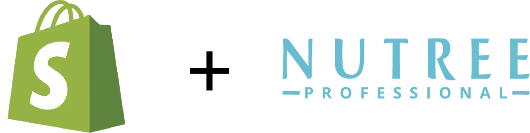 Shopify logo with a green shopping bag icon followed by a plus sign and the text 'NUTREE PROFESSIONAL' in light blue.