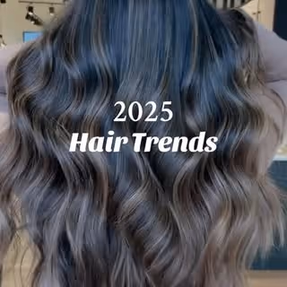 Long wavy dark hair with blue highlights and text '2025 Hair Trends' overlayed.
