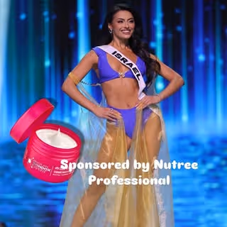 Miss Israel in a purple bikini and yellow sheer skirt standing on stage with a blue backdrop and a Nutree Professional cream jar graphic.