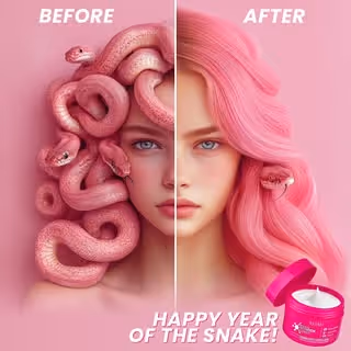Split image showing a woman with pink snakes as hair on the left labeled 'Before' and smooth pink hair on the right labeled 'After,' with text 'Happy Year of the Snake.'