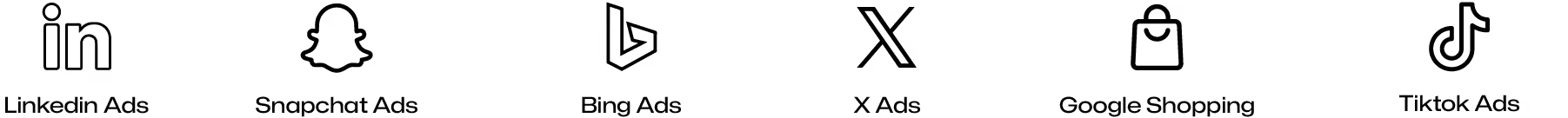Icons and labels for LinkedIn Ads, Snapchat Ads, Bing Ads, X Ads, Google Shopping, and TikTok Ads in a horizontal row.