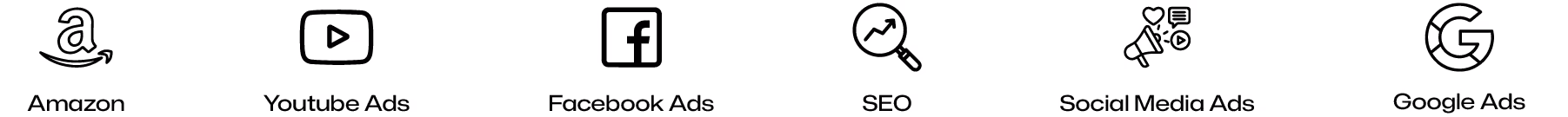 Icons and labels for Amazon, YouTube Ads, Facebook Ads, SEO, Social Media Ads, and Google Ads services.