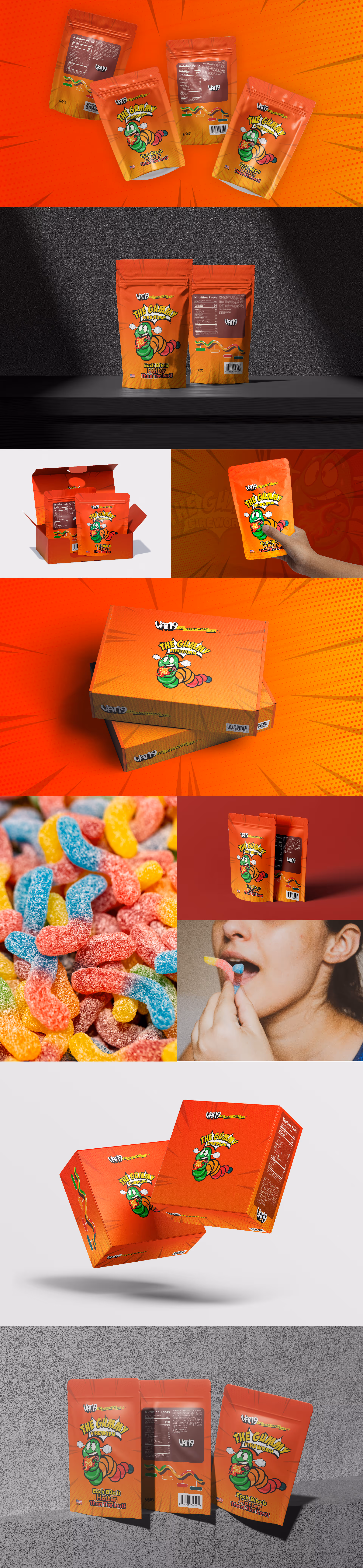 Multiple shots of orange packaging for The Gummy Life Worms, featuring a colorful cartoon worm and gummy candy, shown in bags, boxes, and a hand holding a bag, along with close-ups of the rainbow sour gummy worms.