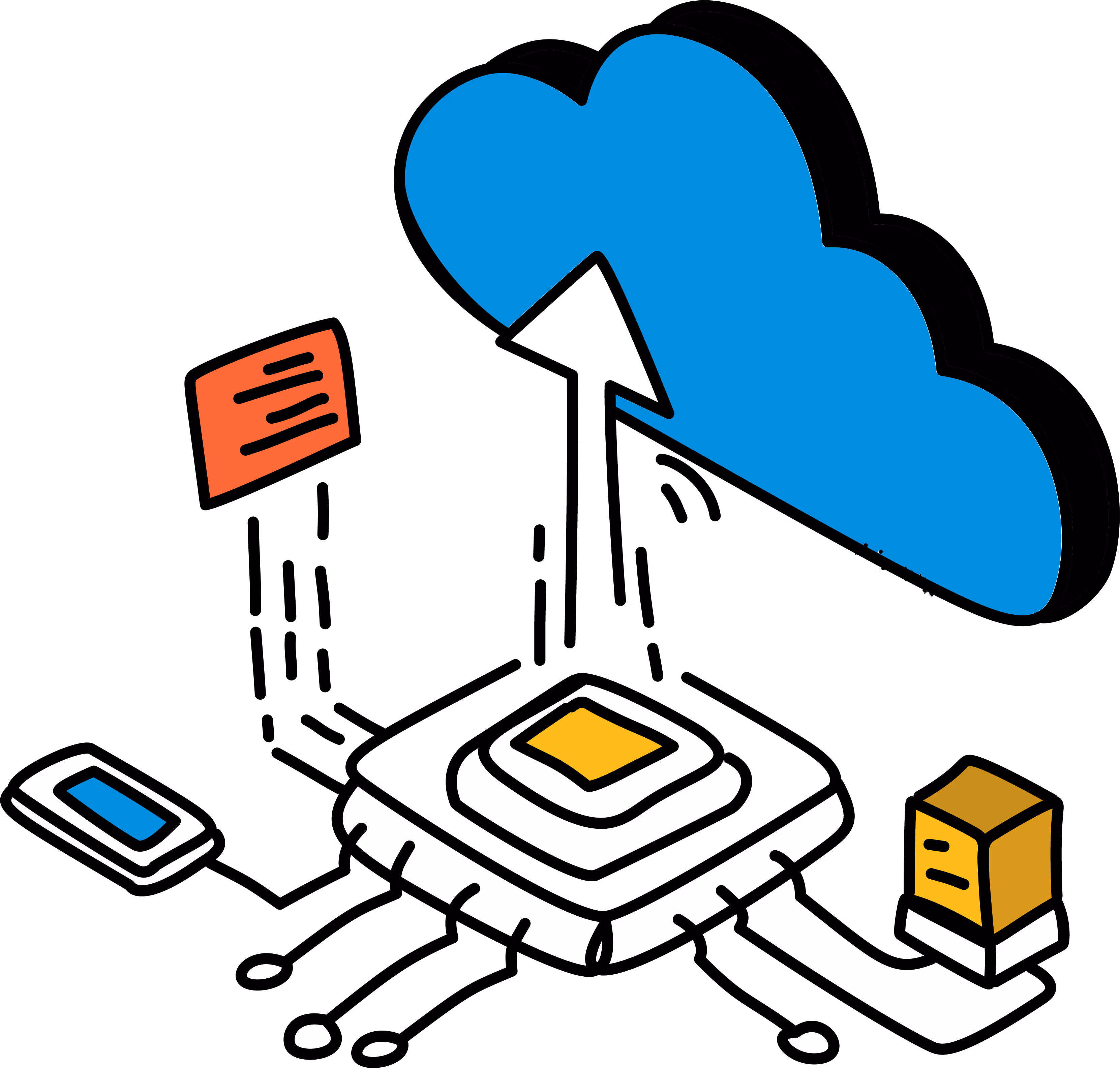Illustration of a central microchip connected to a smartphone, a server, and an orange data card, with data uploading to a blue cloud.
