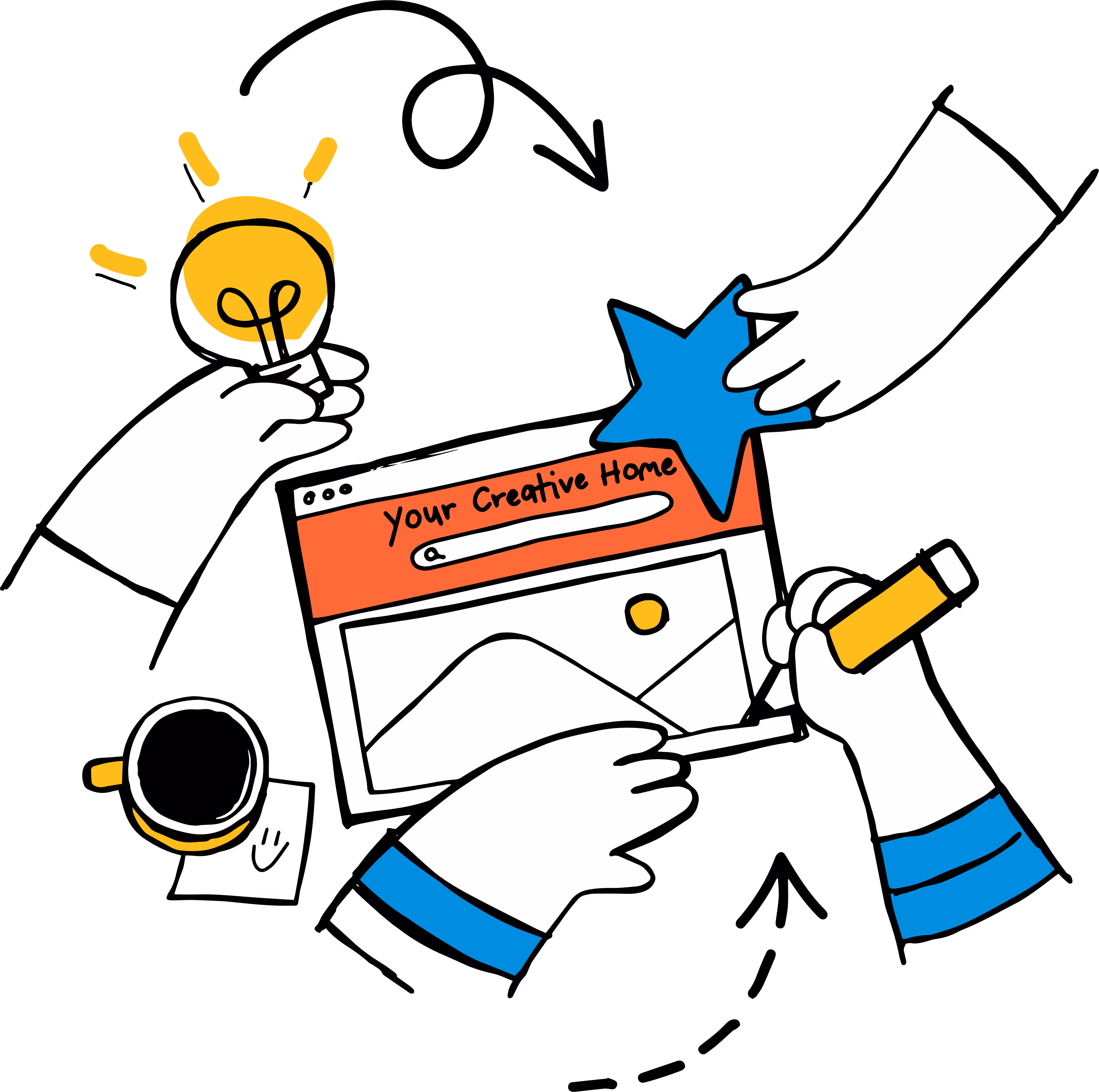 Illustration of four hands collaboratively designing a website titled 'Your Creative Home' with elements like a light bulb, a blue star, a pencil, and a coffee cup.