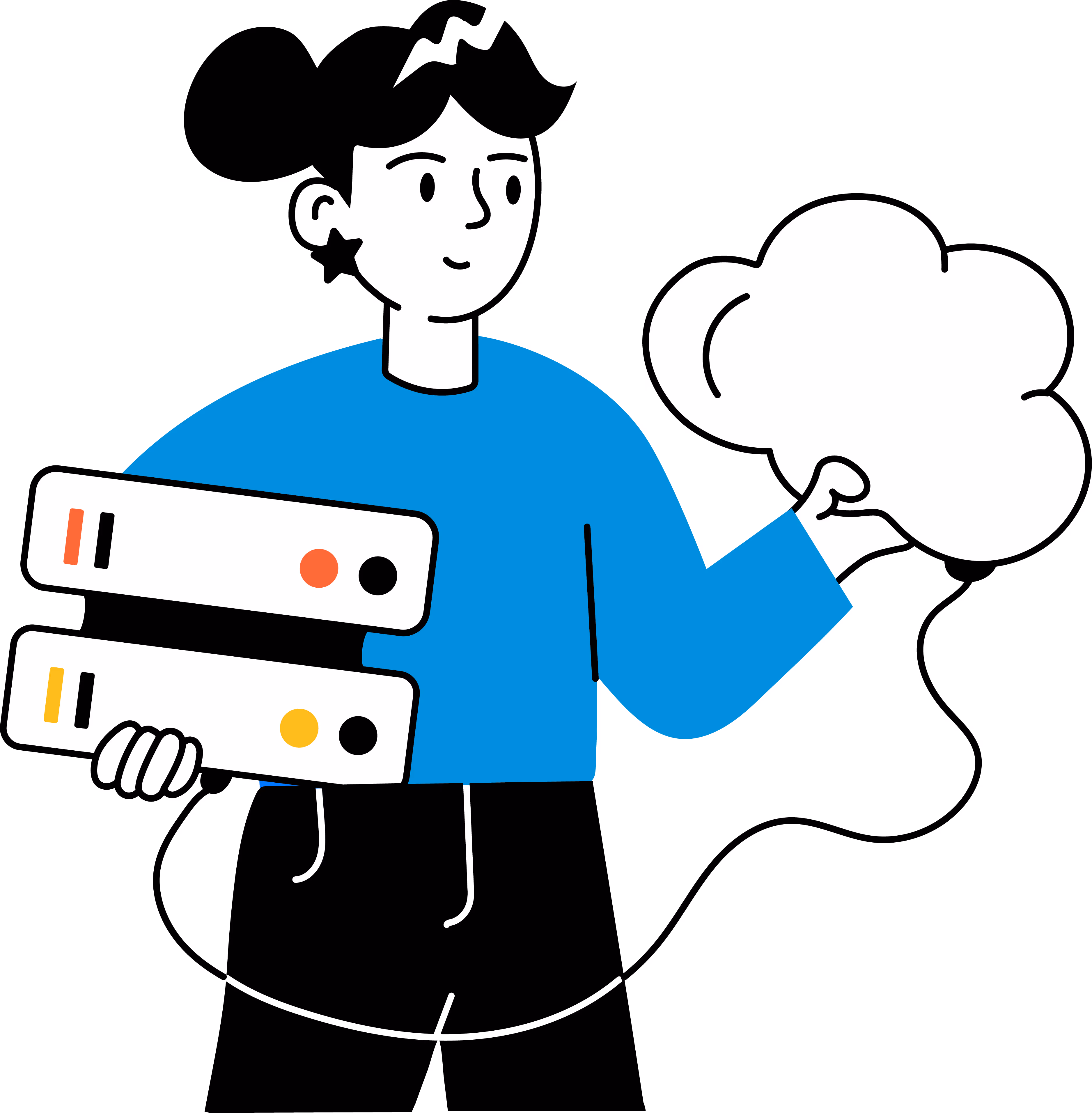 Illustration of a person holding two server devices and a cloud connected by a cable, representing cloud computing.