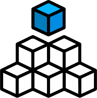 A blue cube floating above a pyramid of six white outlined cubes.
