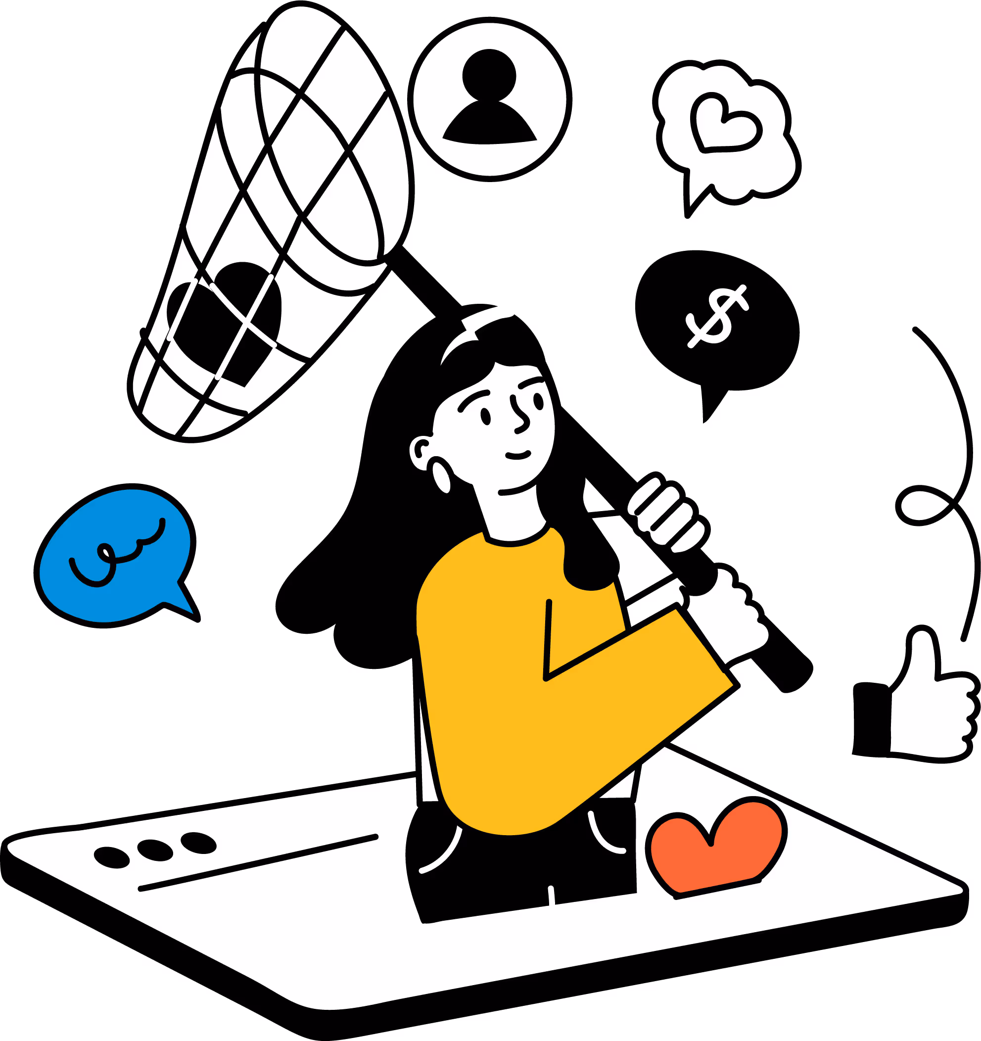 Illustration of a woman emerging from a tablet screen holding a large butterfly net catching social media icons like a user symbol, heart, dollar sign, speech bubble, and thumbs-up.