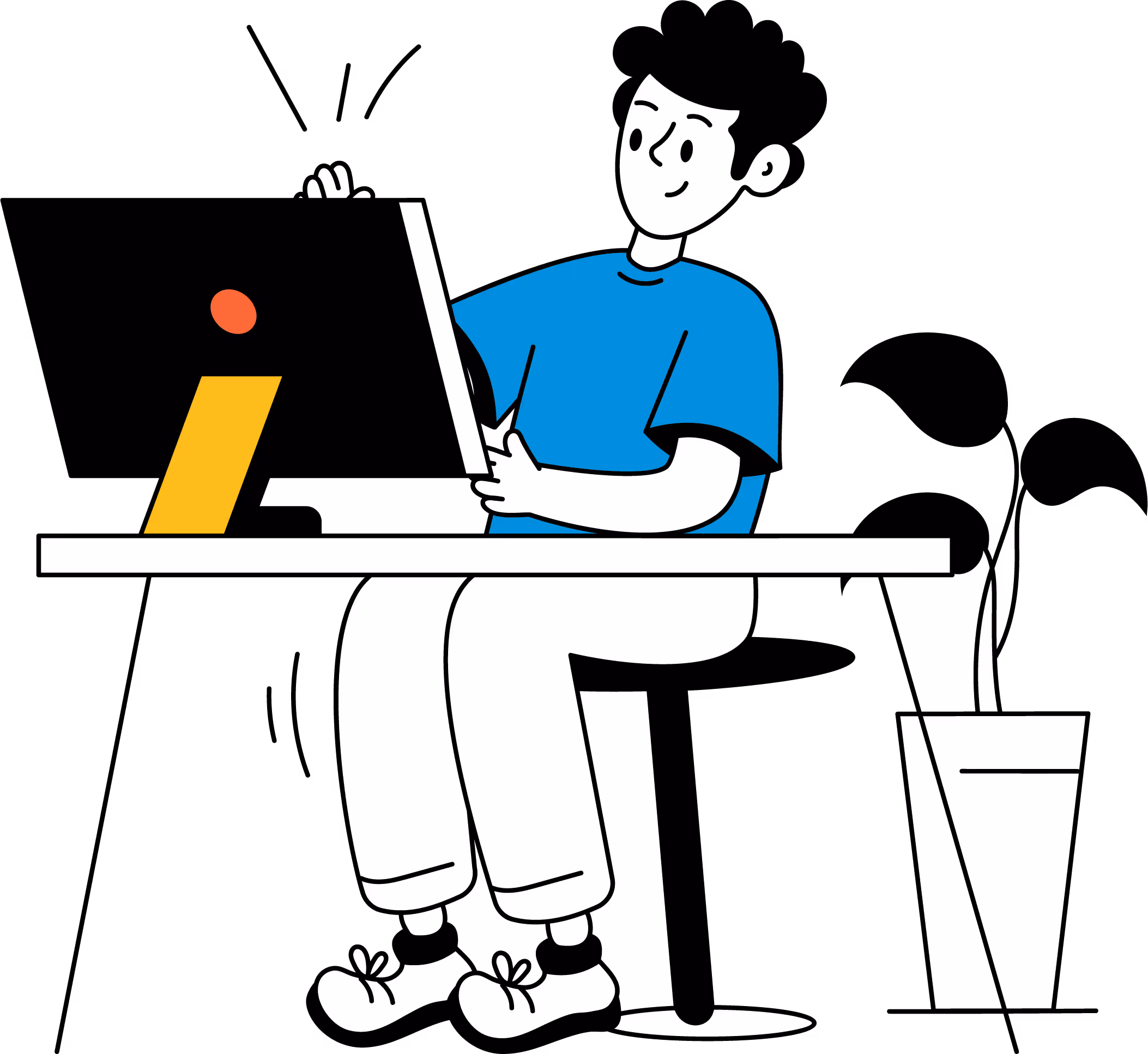 Person sitting at a desk, adjusting a computer monitor, with a potted plant beside the desk.