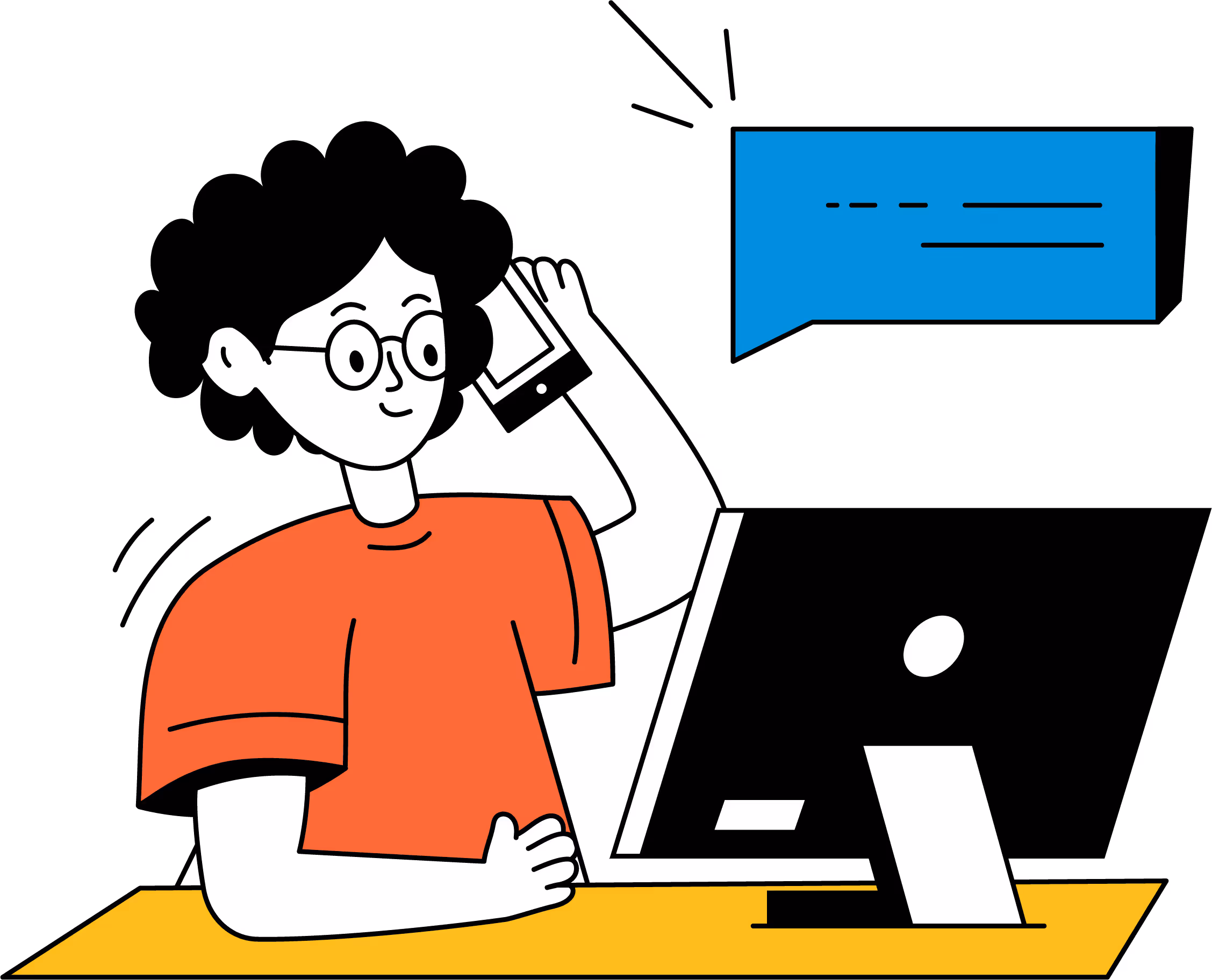 Person with curly hair and glasses talking on a phone while sitting at a desk with a computer.