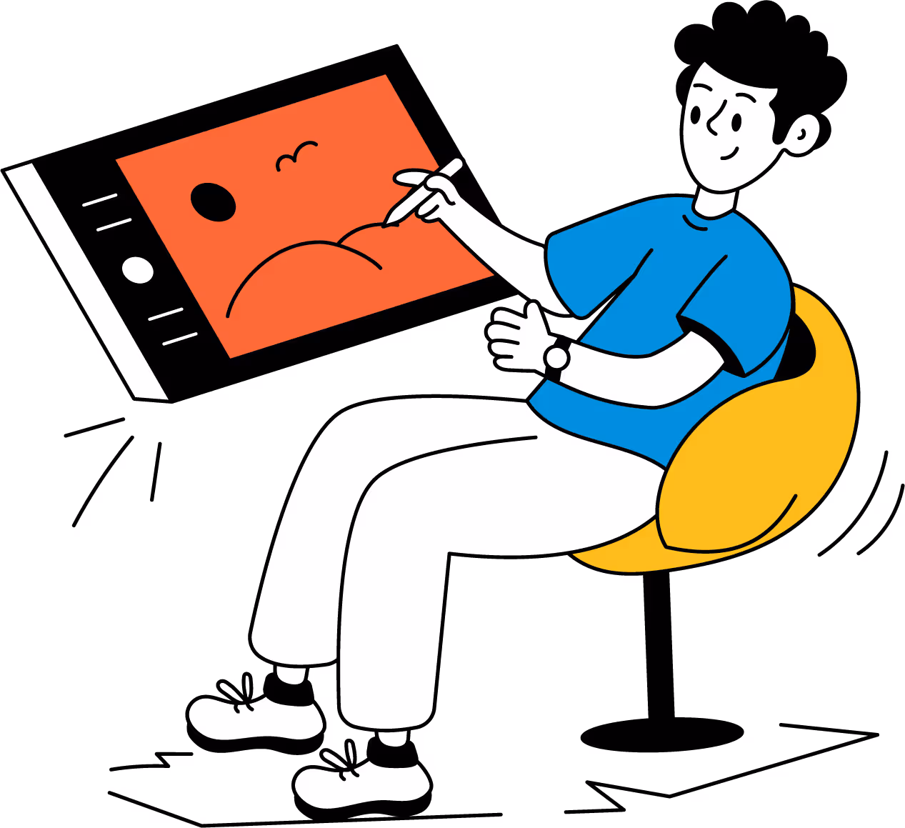 Person sitting on a yellow chair drawing simple shapes on a digital tablet with a stylus.