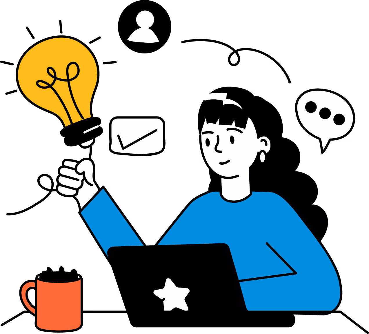 Person sitting at a laptop with a star on it, holding a lit light bulb representing an idea, with speech and user icons around.