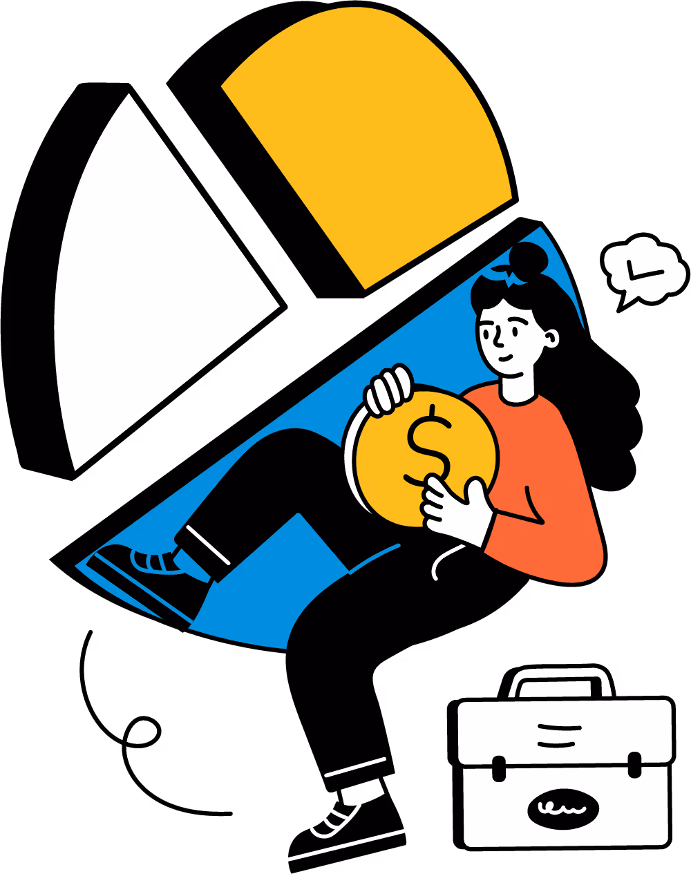 Illustration of a woman sitting inside a blue pie chart segment, holding a large gold coin with a dollar sign, with a briefcase beside her.