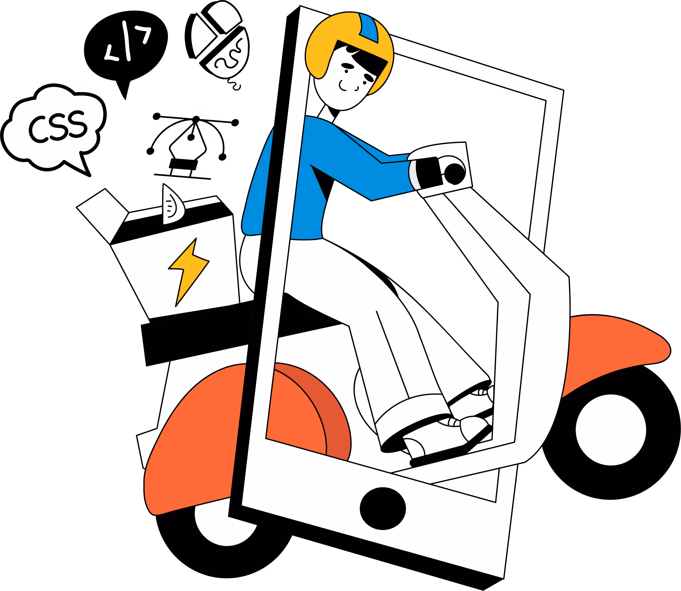 Illustration of a person wearing a helmet riding a red motor scooter through a large smartphone frame, surrounded by speech bubbles with coding and design icons.