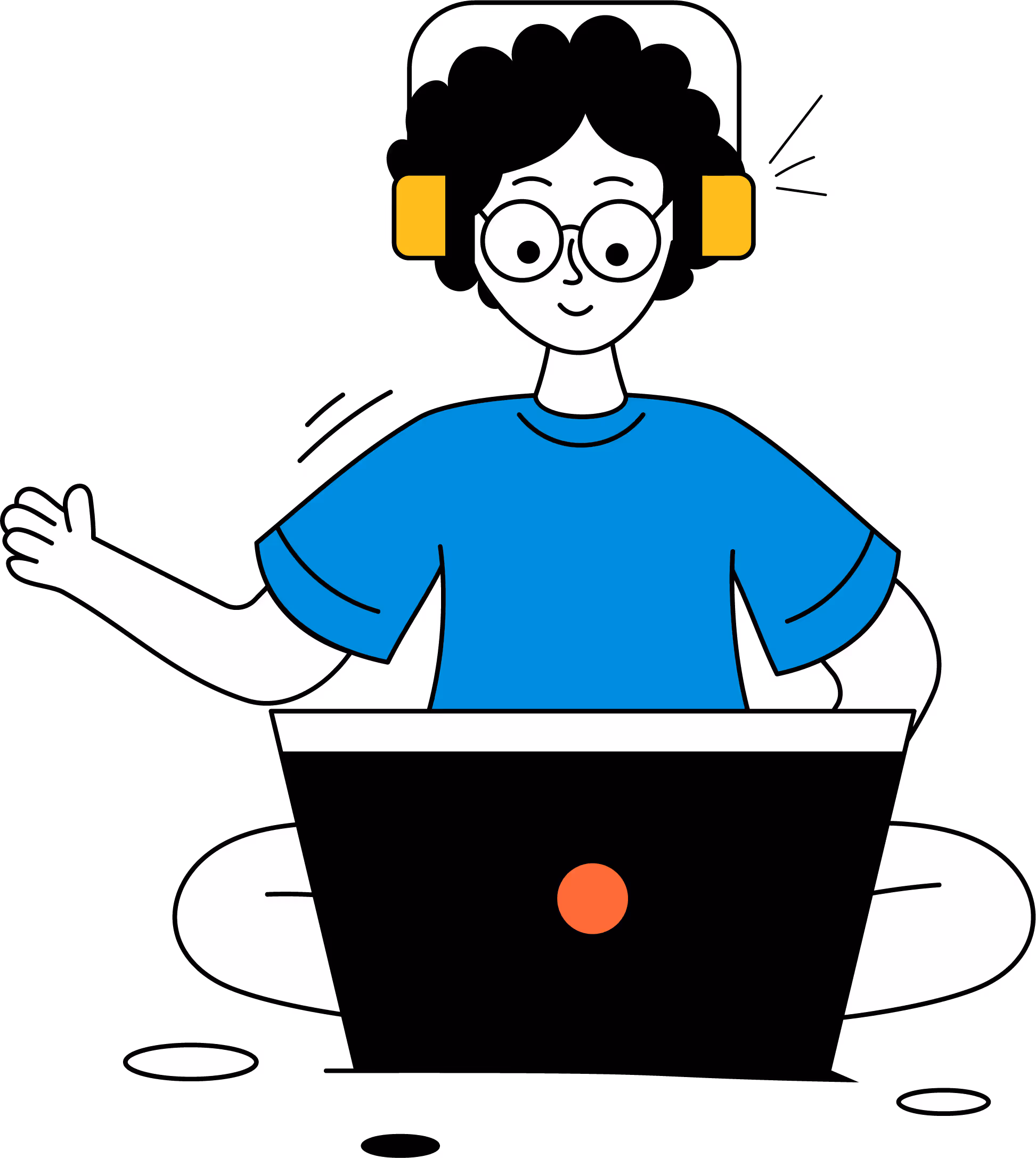 Person with curly hair and glasses sitting cross-legged, wearing yellow headphones and blue shirt, using a laptop.